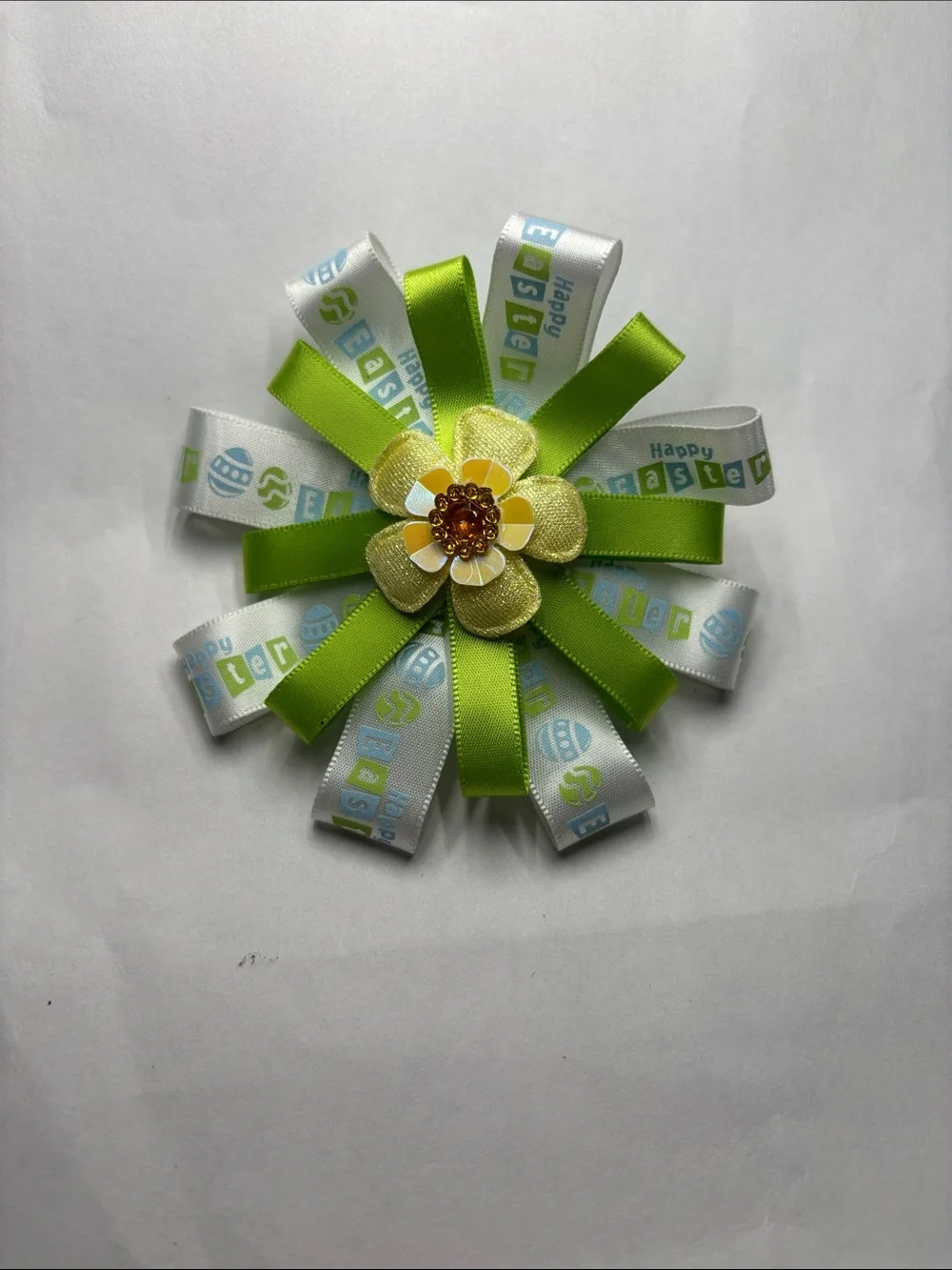 Easter Ribbon Flower Hair Bow in Lime Green and White